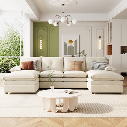 Modern U-Shaped Chenille Modular Sofa Living Room Tufted Back 6-Seat Sectional Sofa with Adjustable Armrest Pillows