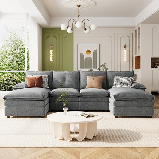Modern U-Shaped Chenille Modular Sofa Living Room Tufted Back 6-Seat Sectional Sofa with Adjustable Armrest Pillows
