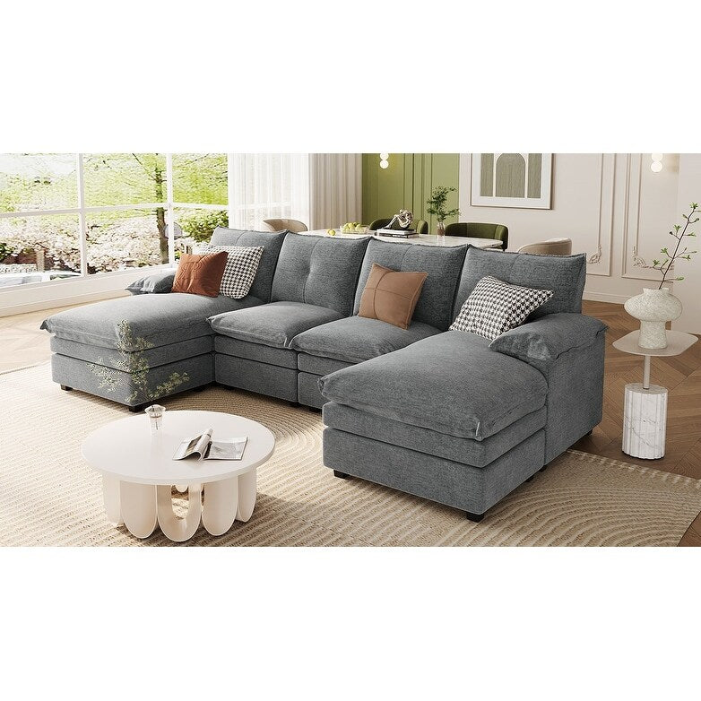 Modern U-Shaped Chenille Modular Sofa Living Room Tufted Back 6-Seat Sectional Sofa with Adjustable Armrest Pillows