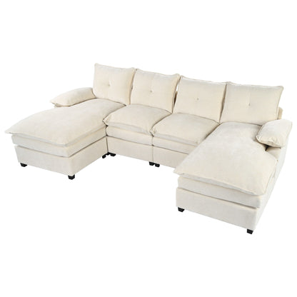 Modern U-Shaped Chenille Modular Sofa Living Room Tufted Back 6-Seat Sectional Sofa with Adjustable Armrest Pillows