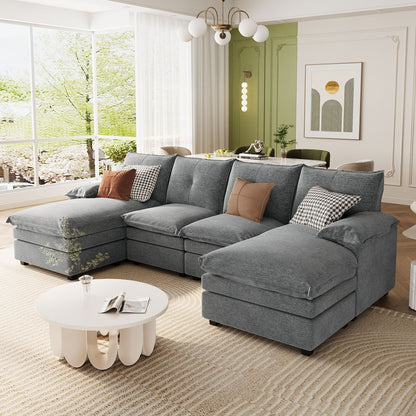 Modern U-Shaped Chenille Modular Sofa Living Room Tufted Back 6-Seat Sectional Sofa with Adjustable Armrest Pillows