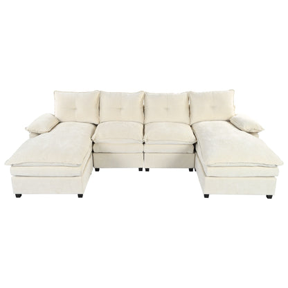 Modern U-Shaped Chenille Modular Sofa Living Room Tufted Back 6-Seat Sectional Sofa with Adjustable Armrest Pillows