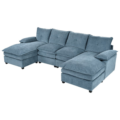 Modern U-Shaped Chenille Modular Sofa Living Room Tufted Back 6-Seat Sectional Sofa with Adjustable Armrest Pillows