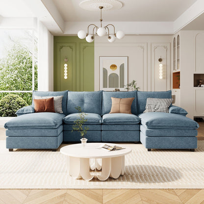 Modern U-Shaped Chenille Modular Sofa Living Room Tufted Back 6-Seat Sectional Sofa with Adjustable Armrest Pillows