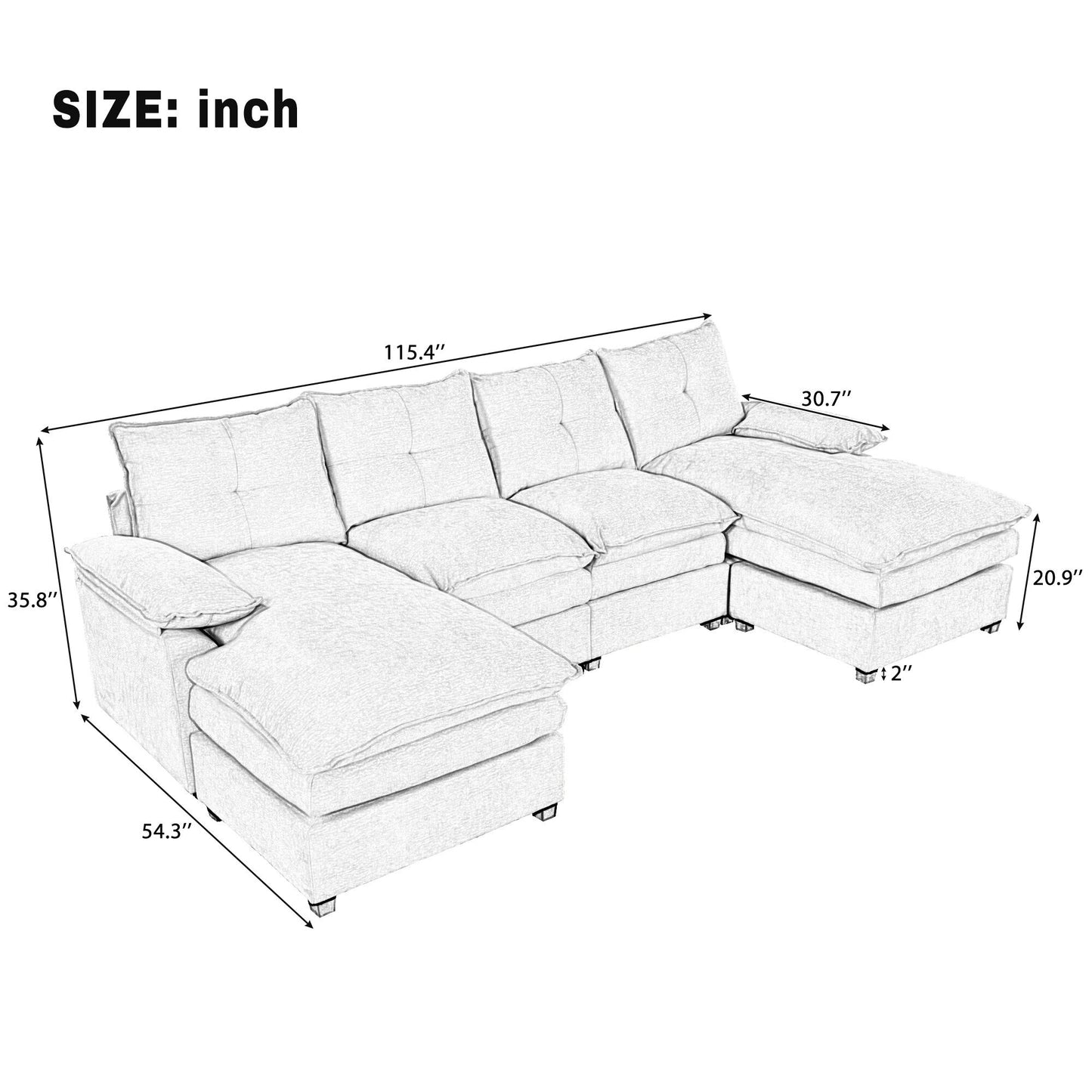 Modern U-Shaped Chenille Modular Sofa Living Room Tufted Back 6-Seat Sectional Sofa with Adjustable Armrest Pillows