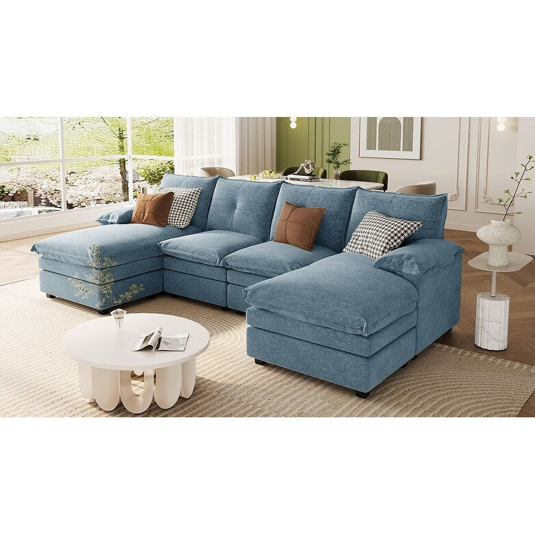 Modern U-Shaped Chenille Modular Sofa Living Room Tufted Back 6-Seat Sectional Sofa with Adjustable Armrest Pillows