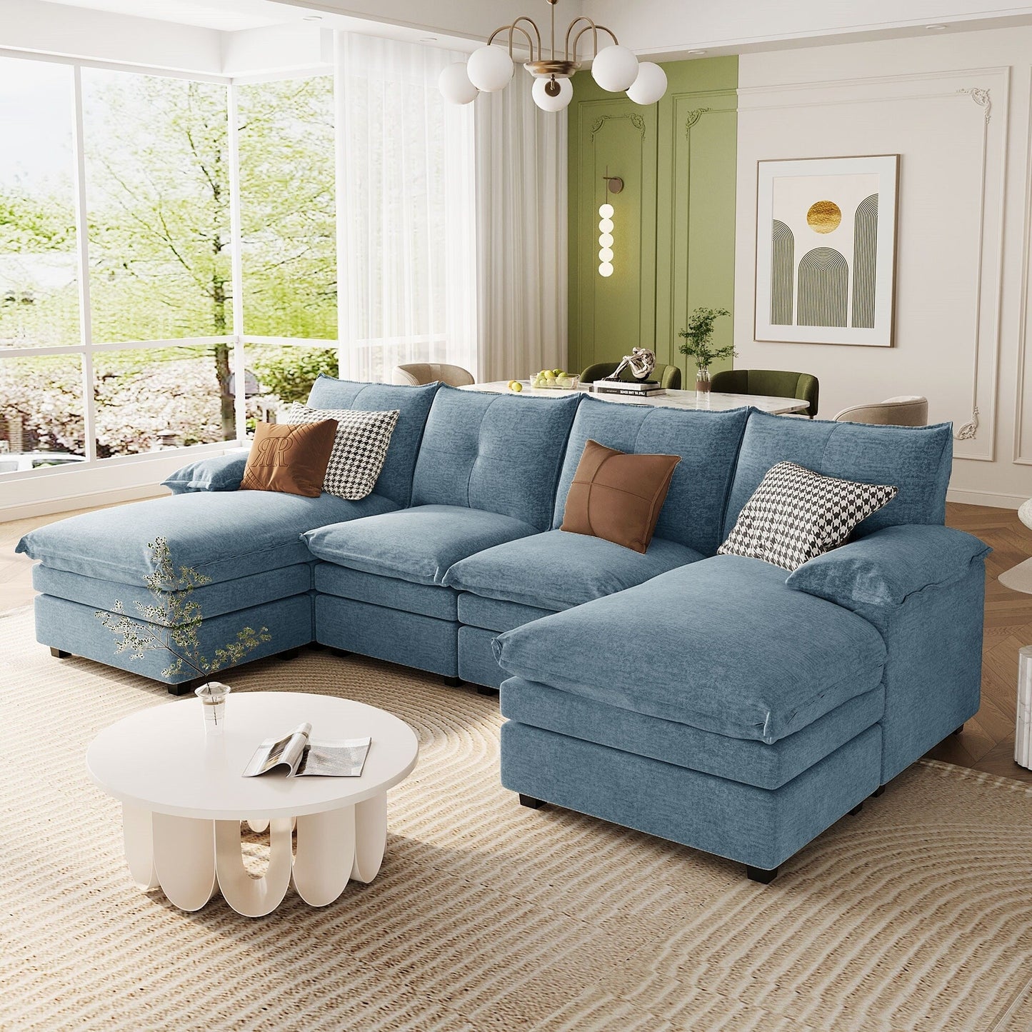 Modern U-Shaped Chenille Modular Sofa Living Room Tufted Back 6-Seat Sectional Sofa with Adjustable Armrest Pillows