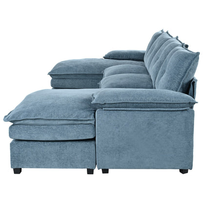 Modern U-Shaped Chenille Modular Sofa Living Room Tufted Back 6-Seat Sectional Sofa with Adjustable Armrest Pillows