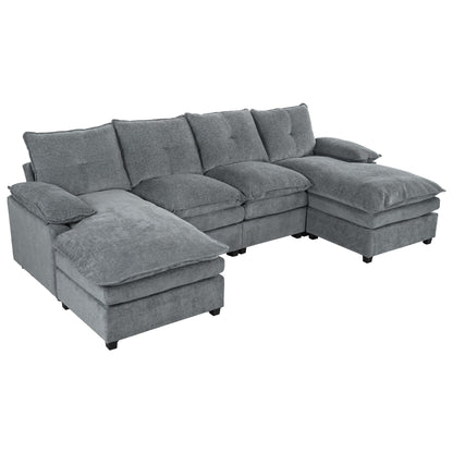 Modern U-Shaped Chenille Modular Sofa Living Room Tufted Back 6-Seat Sectional Sofa with Adjustable Armrest Pillows