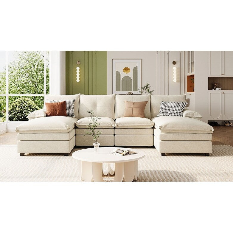 Modern U-Shaped Chenille Modular Sofa Living Room Tufted Back 6-Seat Sectional Sofa with Adjustable Armrest Pillows