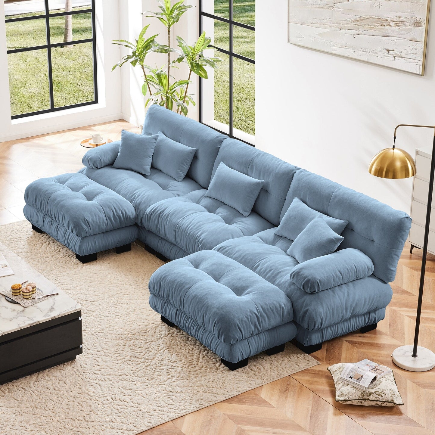 Modern U-Shaped Modular Sectional Sofa Deep Seats Couch with 2 Ottomans and Throw Pillows for Living Room