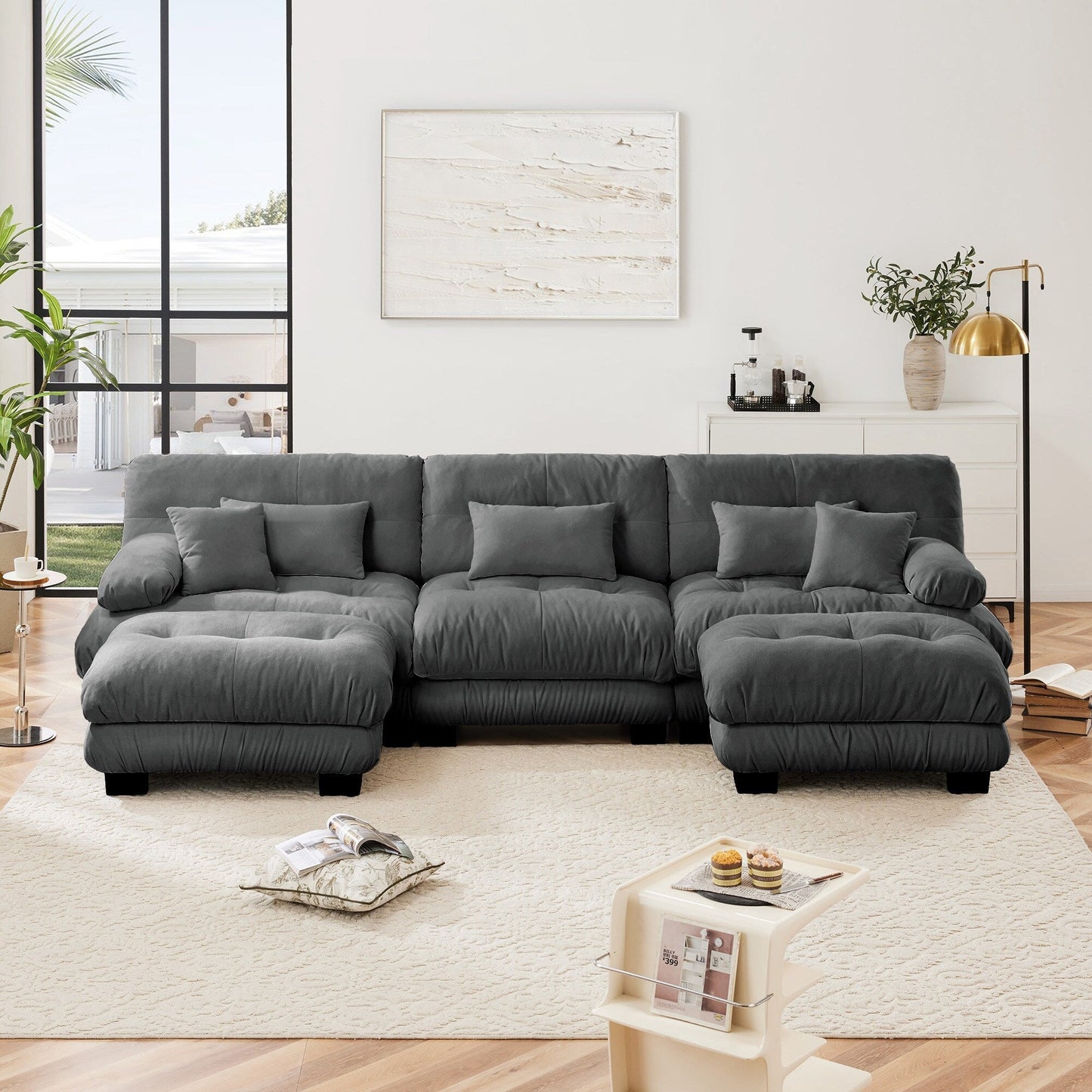Modern U-Shaped Modular Sectional Sofa Deep Seats Couch with 2 Ottomans and Throw Pillows for Living Room