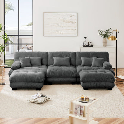 Modern U-Shaped Modular Sectional Sofa Deep Seats Couch with 2 Ottomans and Throw Pillows for Living Room