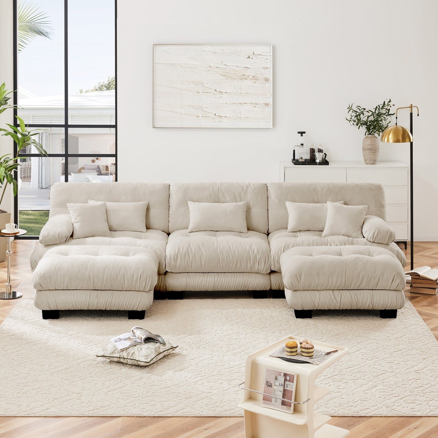Modern U-Shaped Modular Sectional Sofa Deep Seats Couch with 2 Ottomans and Throw Pillows for Living Room