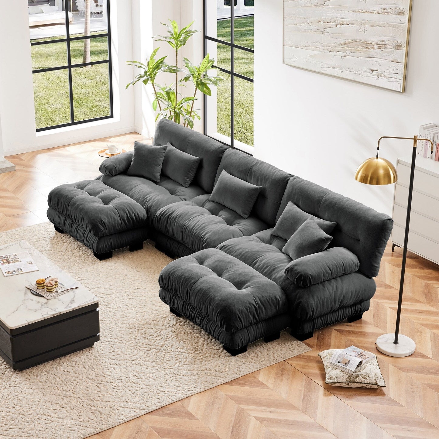 Modern U-Shaped Modular Sectional Sofa Deep Seats Couch with 2 Ottomans and Throw Pillows for Living Room