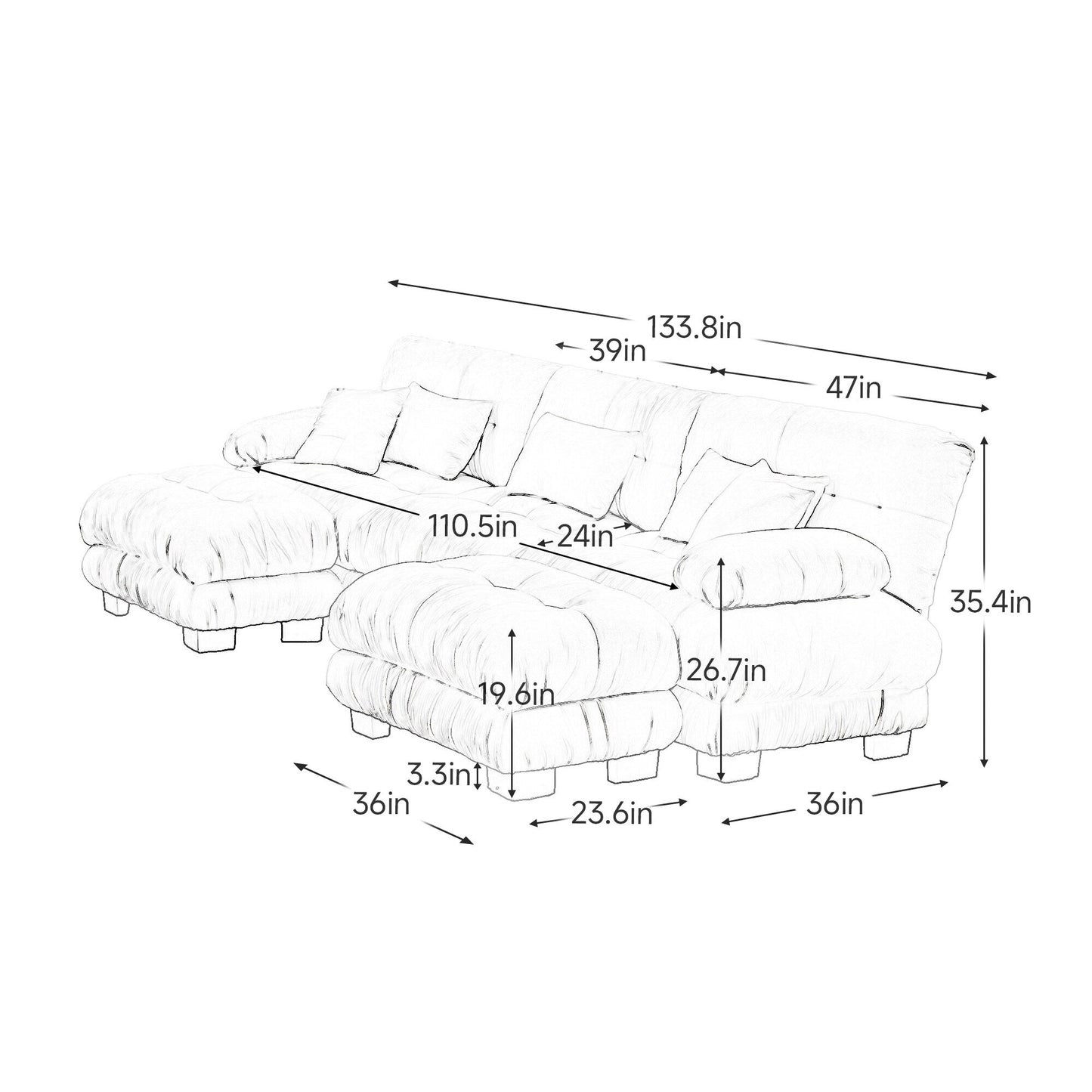 Modern U-Shaped Modular Sectional Sofa Deep Seats Couch with 2 Ottomans and Throw Pillows for Living Room