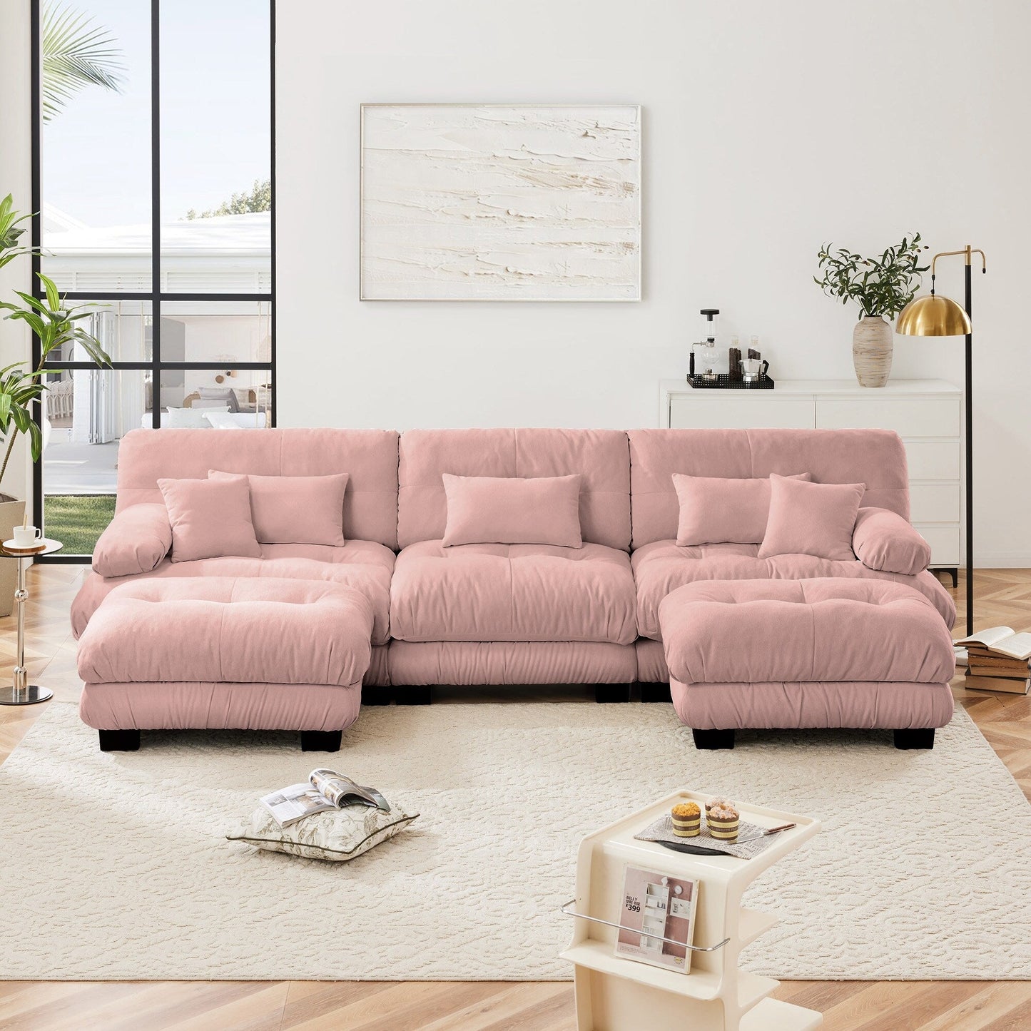 Modern U-Shaped Modular Sectional Sofa Deep Seats Couch with 2 Ottomans and Throw Pillows for Living Room