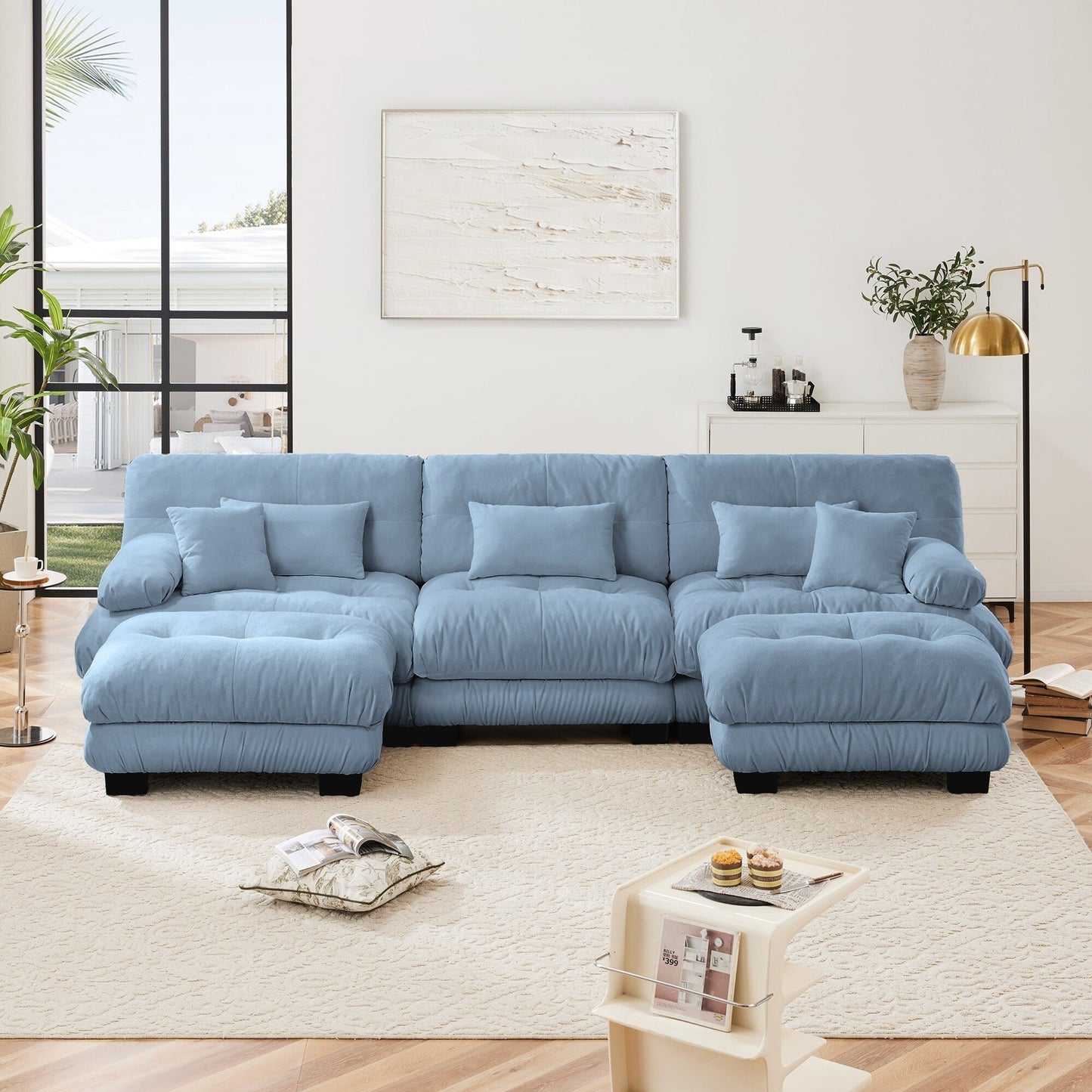 Modern U-Shaped Modular Sectional Sofa Deep Seats Couch with 2 Ottomans and Throw Pillows for Living Room