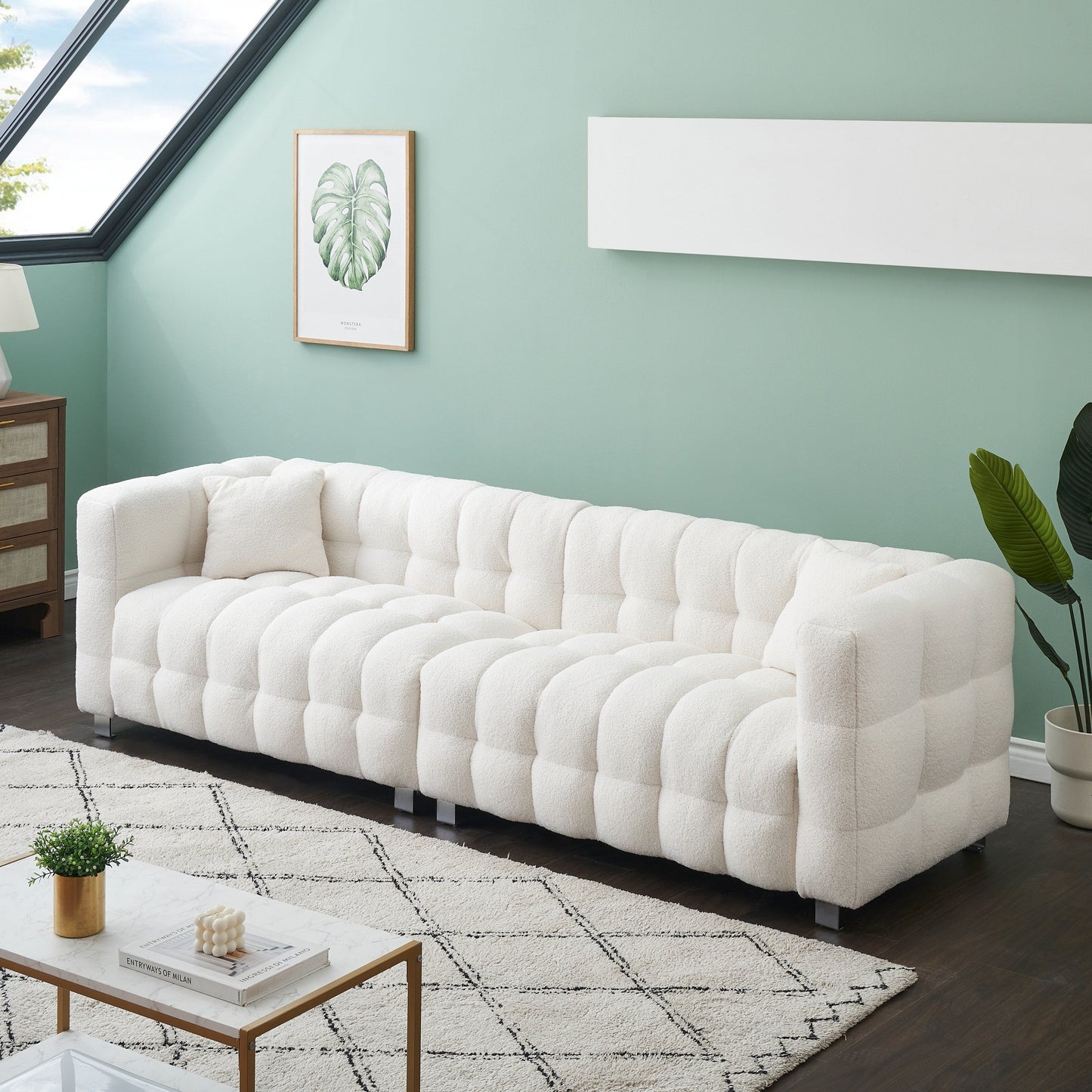 Modern Upholstered 4 Seat Couch, 102 Velvet Sofa with 2 Throw Pillows and Hardware Foot Support for Living Room and Apartment