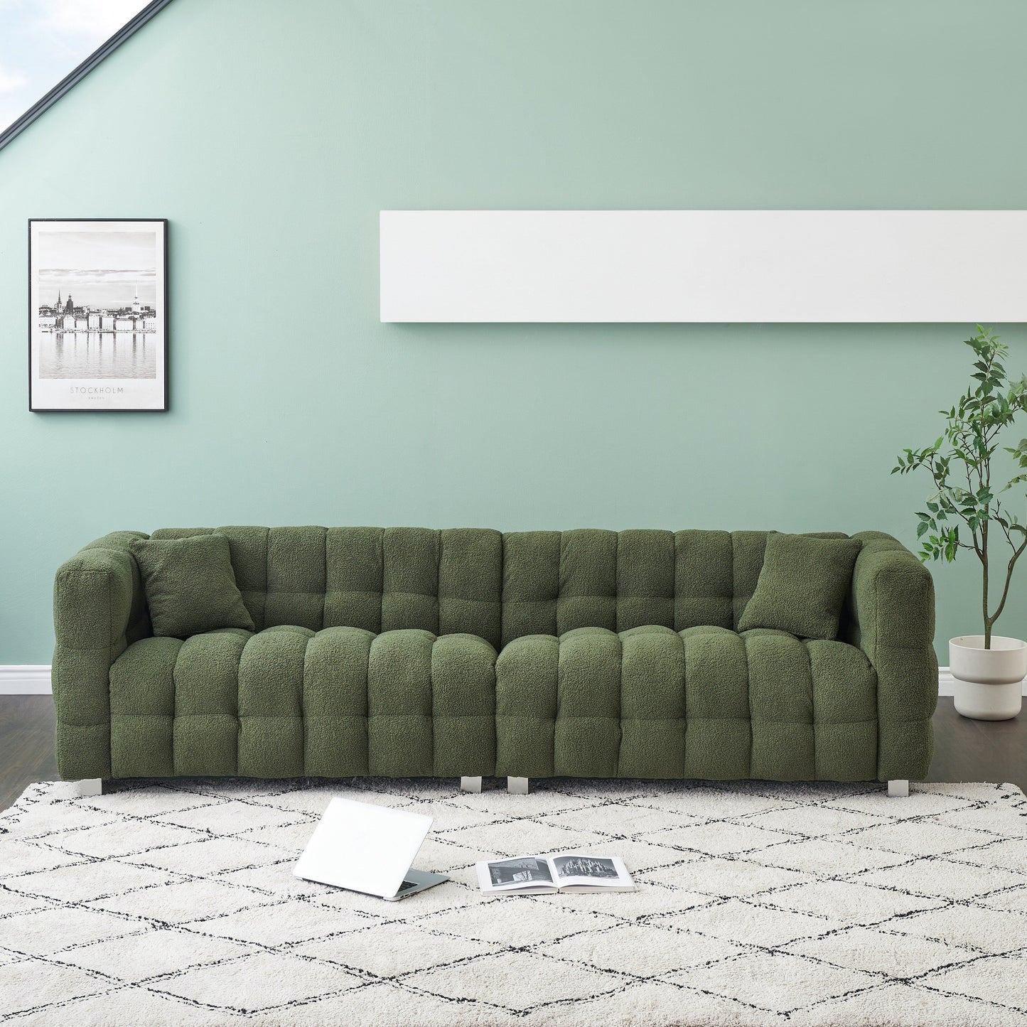 Modern Upholstered 4 Seat Couch, 102 Velvet Sofa with 2 Throw Pillows and Hardware Foot Support for Living Room and Apartment
