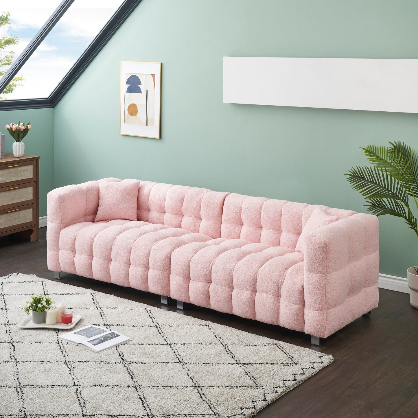 Modern Upholstered 4 Seat Couch, 102 Velvet Sofa with 2 Throw Pillows and Hardware Foot Support for Living Room and Apartment