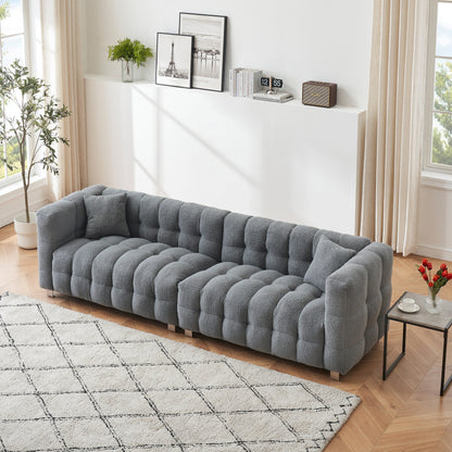 Modern Upholstered 4 Seat Couch, 102 Velvet Sofa with 2 Throw Pillows and Hardware Foot Support for Living Room and Apartment