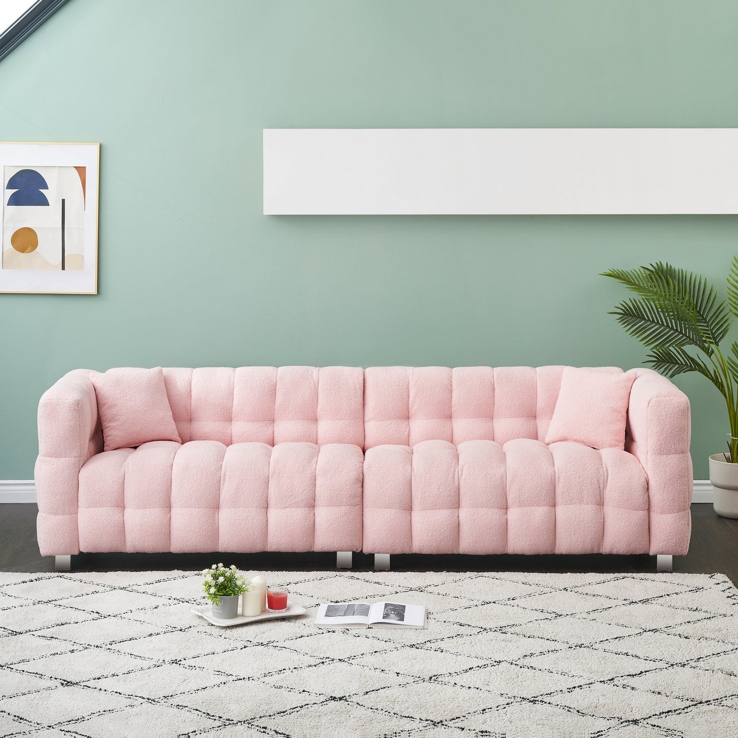 Modern Upholstered 4 Seat Couch, 102 Velvet Sofa with 2 Throw Pillows and Hardware Foot Support for Living Room and Apartment