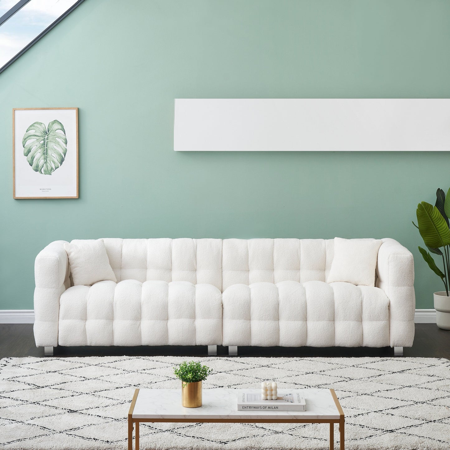 Modern Upholstered 4 Seat Couch, 102 Velvet Sofa with 2 Throw Pillows and Hardware Foot Support for Living Room and Apartment