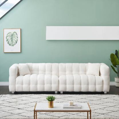 Modern Upholstered 4 Seat Couch, 102 Velvet Sofa with 2 Throw Pillows and Hardware Foot Support for Living Room and Apartment