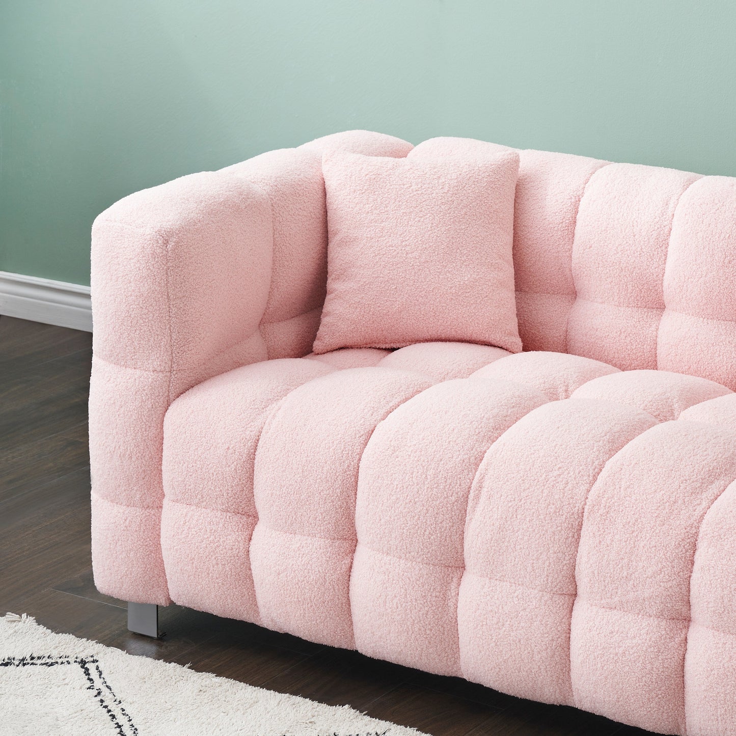 Modern Upholstered 4 Seat Couch, 102 Velvet Sofa with 2 Throw Pillows and Hardware Foot Support for Living Room and Apartment