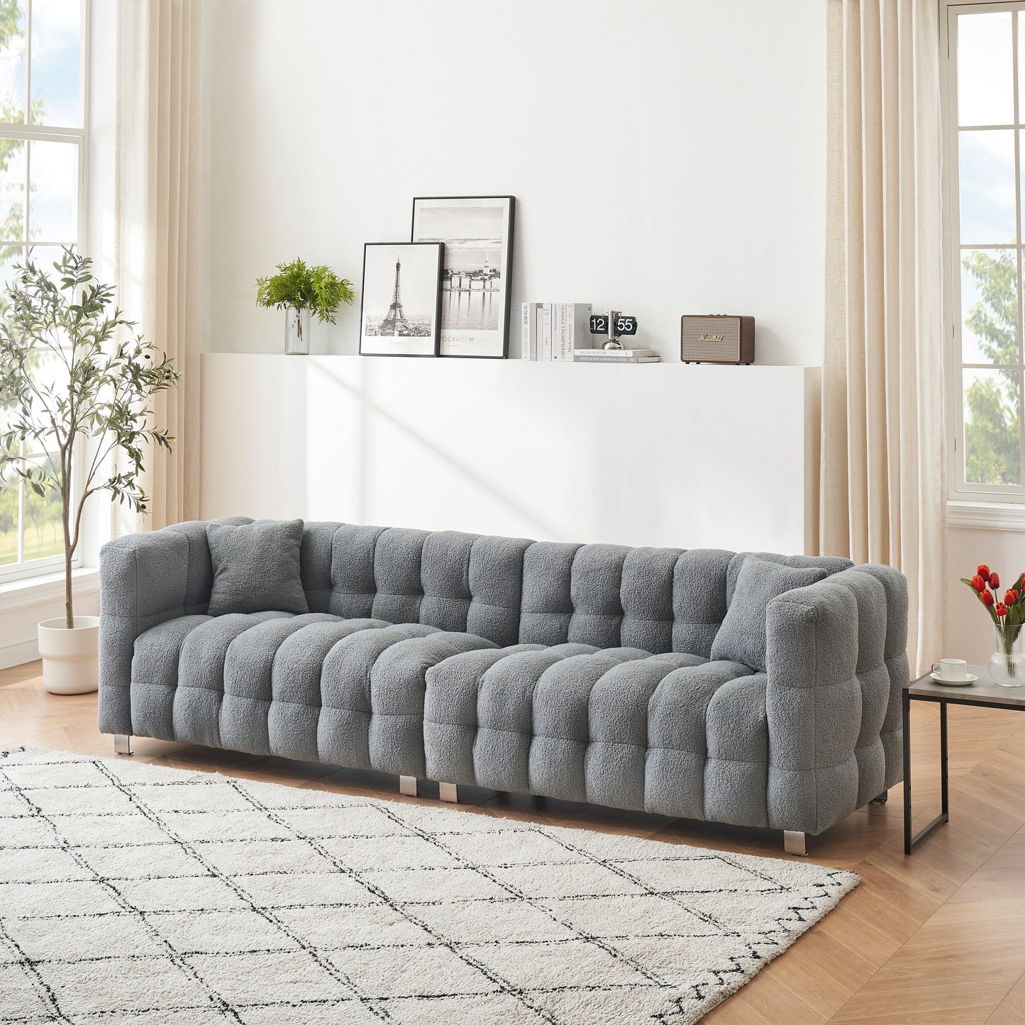 Modern Upholstered 4 Seat Couch, 102 Velvet Sofa with 2 Throw Pillows and Hardware Foot Support for Living Room and Apartment