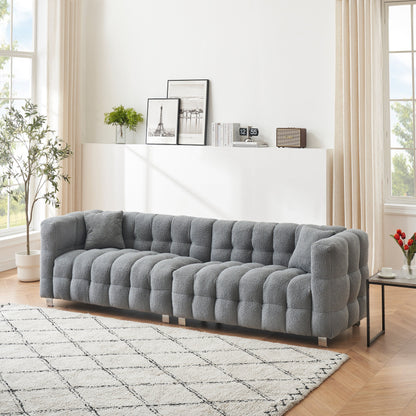 Modern Upholstered 4 Seat Couch, 102 Velvet Sofa with 2 Throw Pillows and Hardware Foot Support for Living Room and Apartment