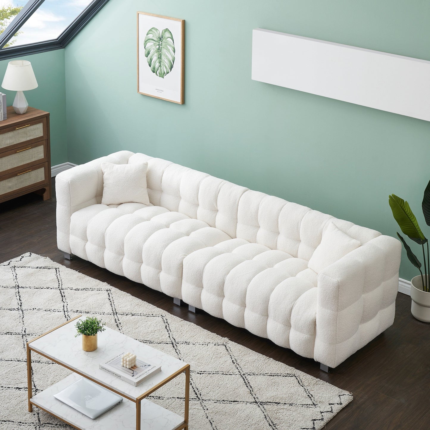 Modern Upholstered 4 Seat Couch, 102 Velvet Sofa with 2 Throw Pillows and Hardware Foot Support for Living Room and Apartment