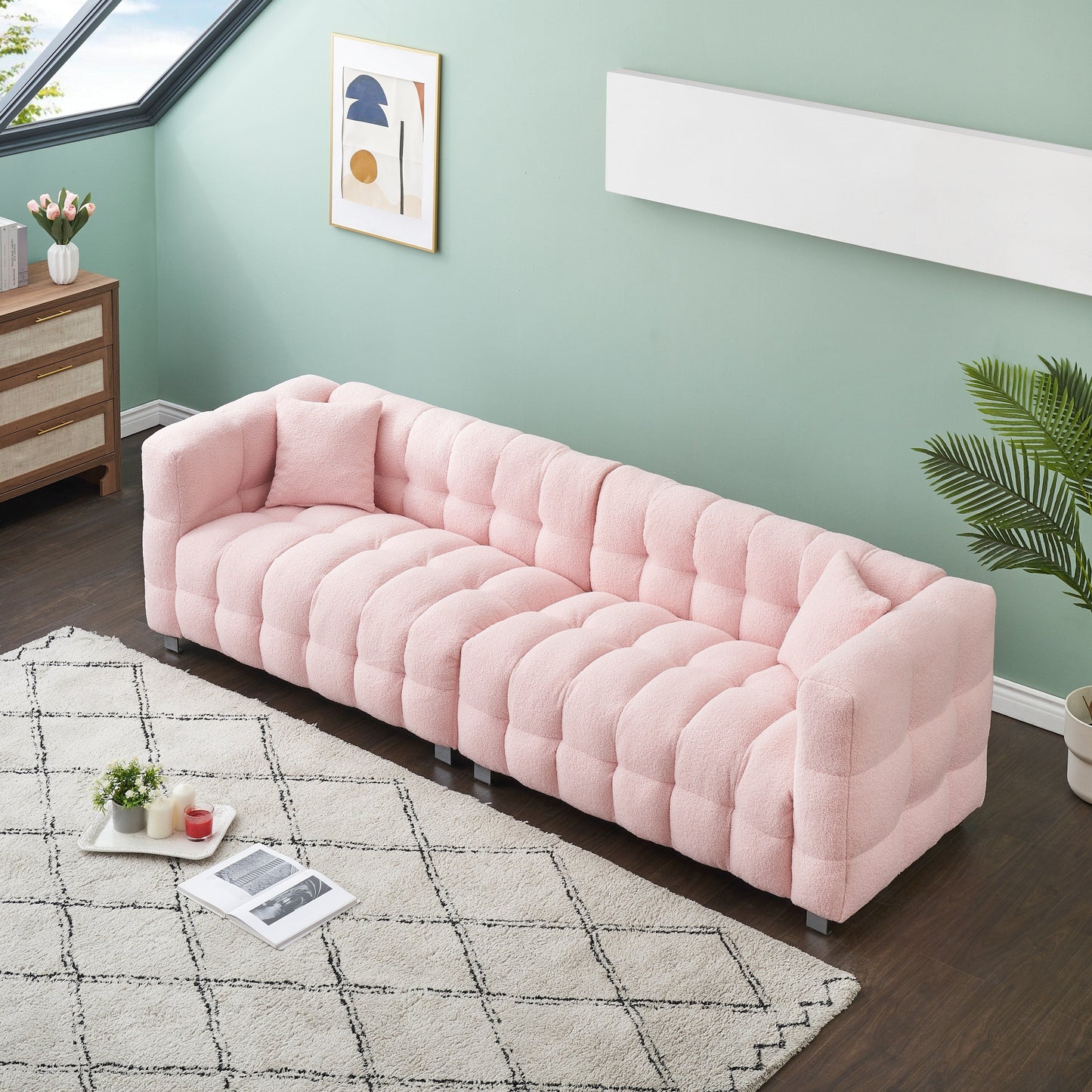 Modern Upholstered 4 Seat Couch, 102 Velvet Sofa with 2 Throw Pillows and Hardware Foot Support for Living Room and Apartment