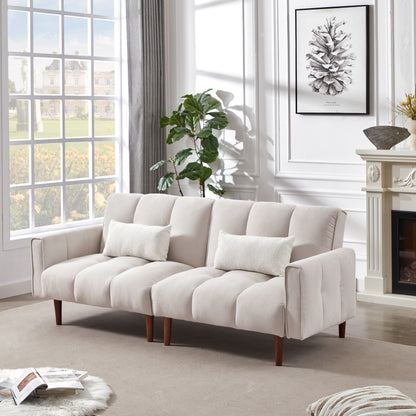 Modern Upholstered Futon Sofa Bed with Adjustable Backrest, Wooden Legs & Pillows, Ideal for Apartment & Studio Spaces