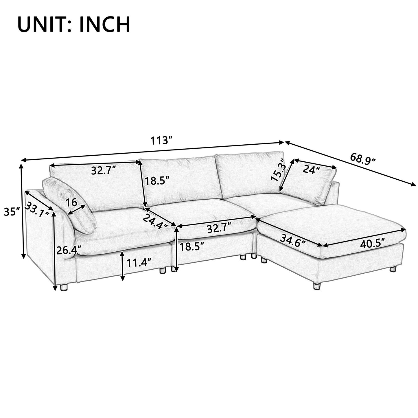 Modern Upholstered L-Shaped Convertible Sectional Sofa with Adjustable Footrest and Reversible Chaise for Living Room