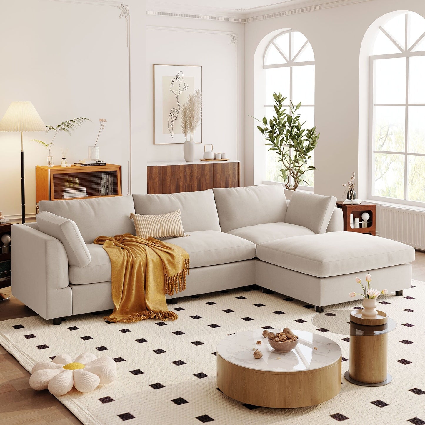 Modern Upholstered L-Shaped Convertible Sectional Sofa with Adjustable Footrest and Reversible Chaise for Living Room