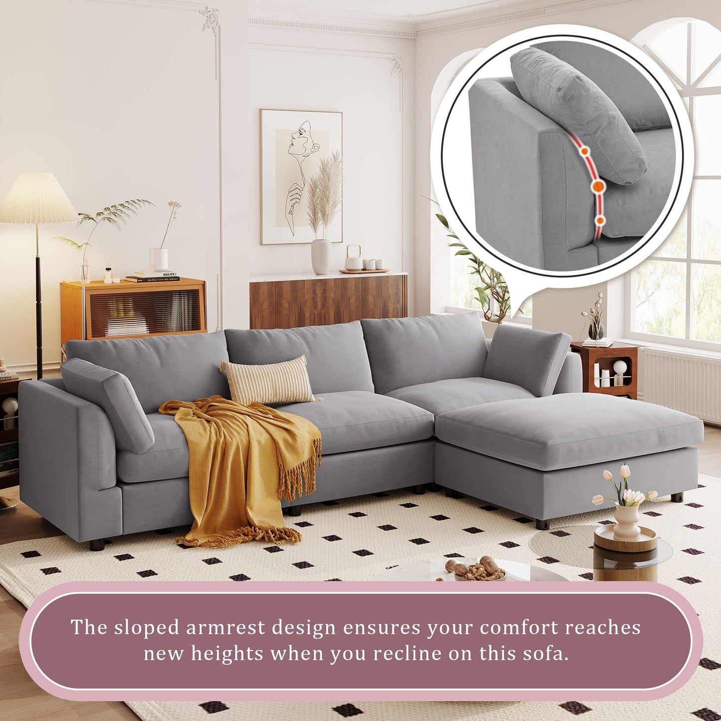 Modern Upholstered L-Shaped Convertible Sectional Sofa with Adjustable Footrest and Reversible Chaise for Living Room