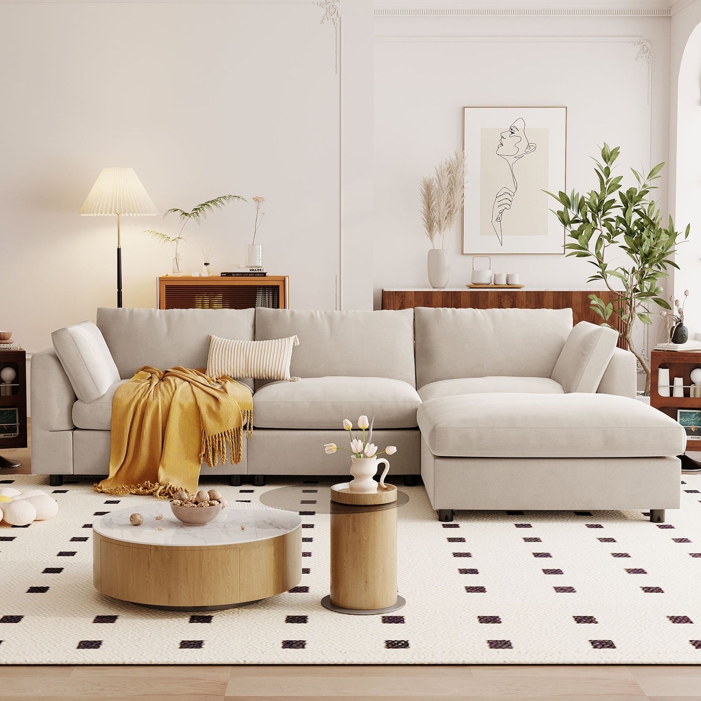 Modern Upholstered L-Shaped Convertible Sectional Sofa with Adjustable Footrest and Reversible Chaise for Living Room