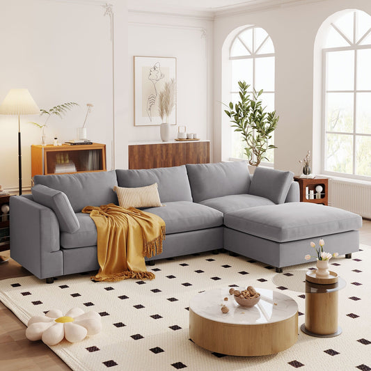 Modern Upholstered L-Shaped Convertible Sectional Sofa with Adjustable Footrest and Reversible Chaise for Living Room