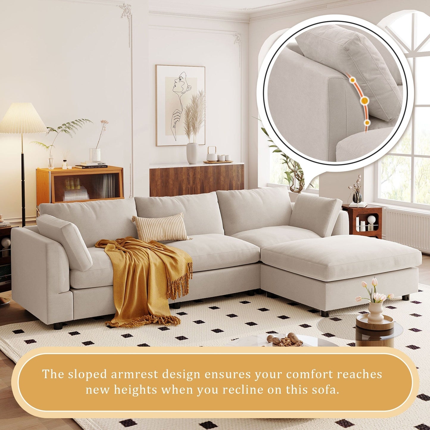 Modern Upholstered L-Shaped Convertible Sectional Sofa with Adjustable Footrest and Reversible Chaise for Living Room