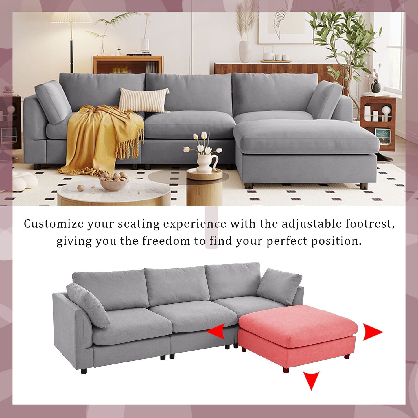 Modern Upholstered L-Shaped Convertible Sectional Sofa with Adjustable Footrest and Reversible Chaise for Living Room
