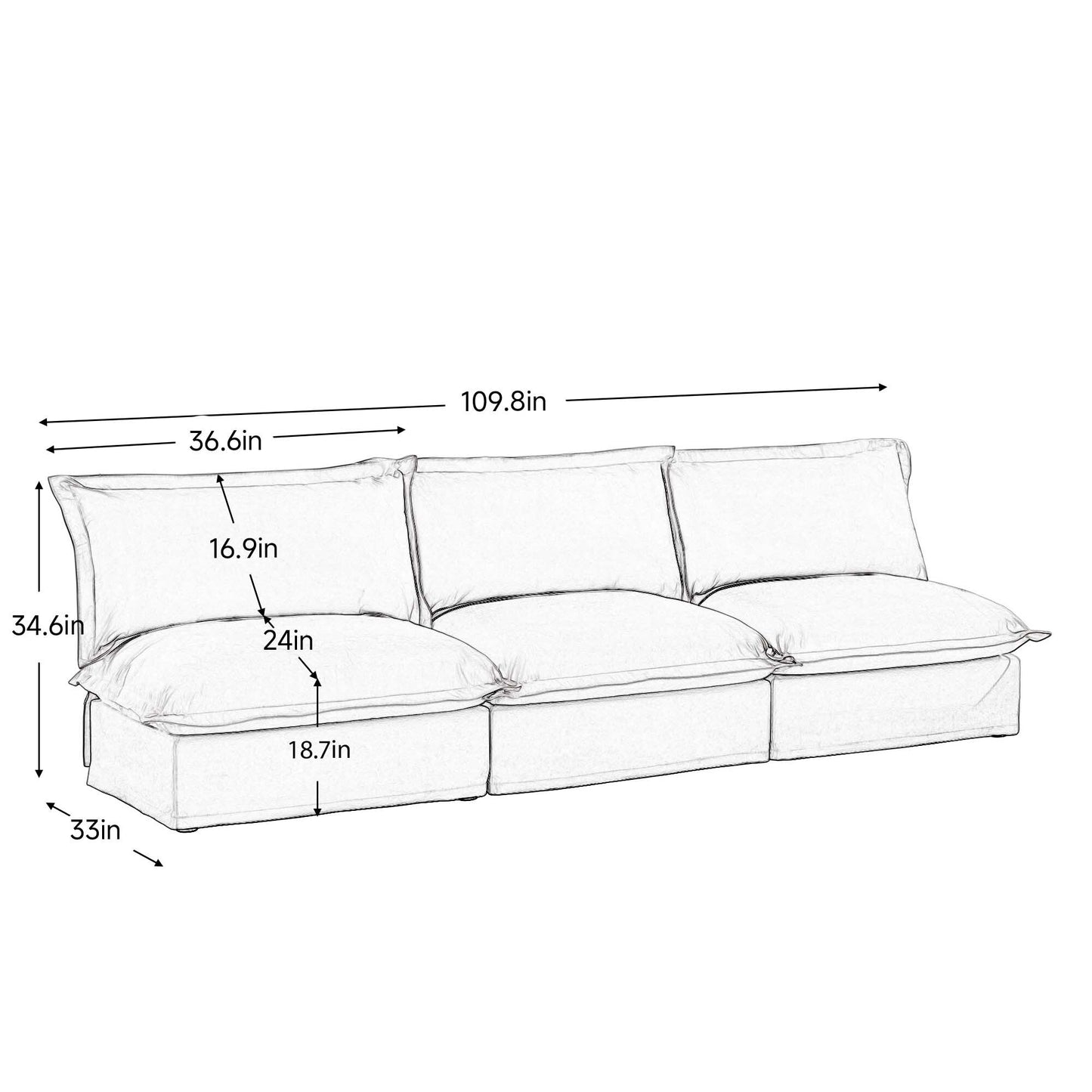 Modern Upholstered Modular Armless 3 Seater Sofa,Deep Seat 3- Seat Sofa Couch Armless Sofa Couch Free Combination