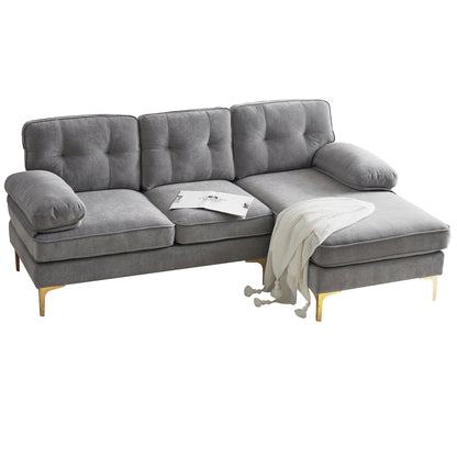 Modern Velvet L-Shaped Sectional Sofa with Metal Legs and Wide Backrest for Living Room Bedroom
