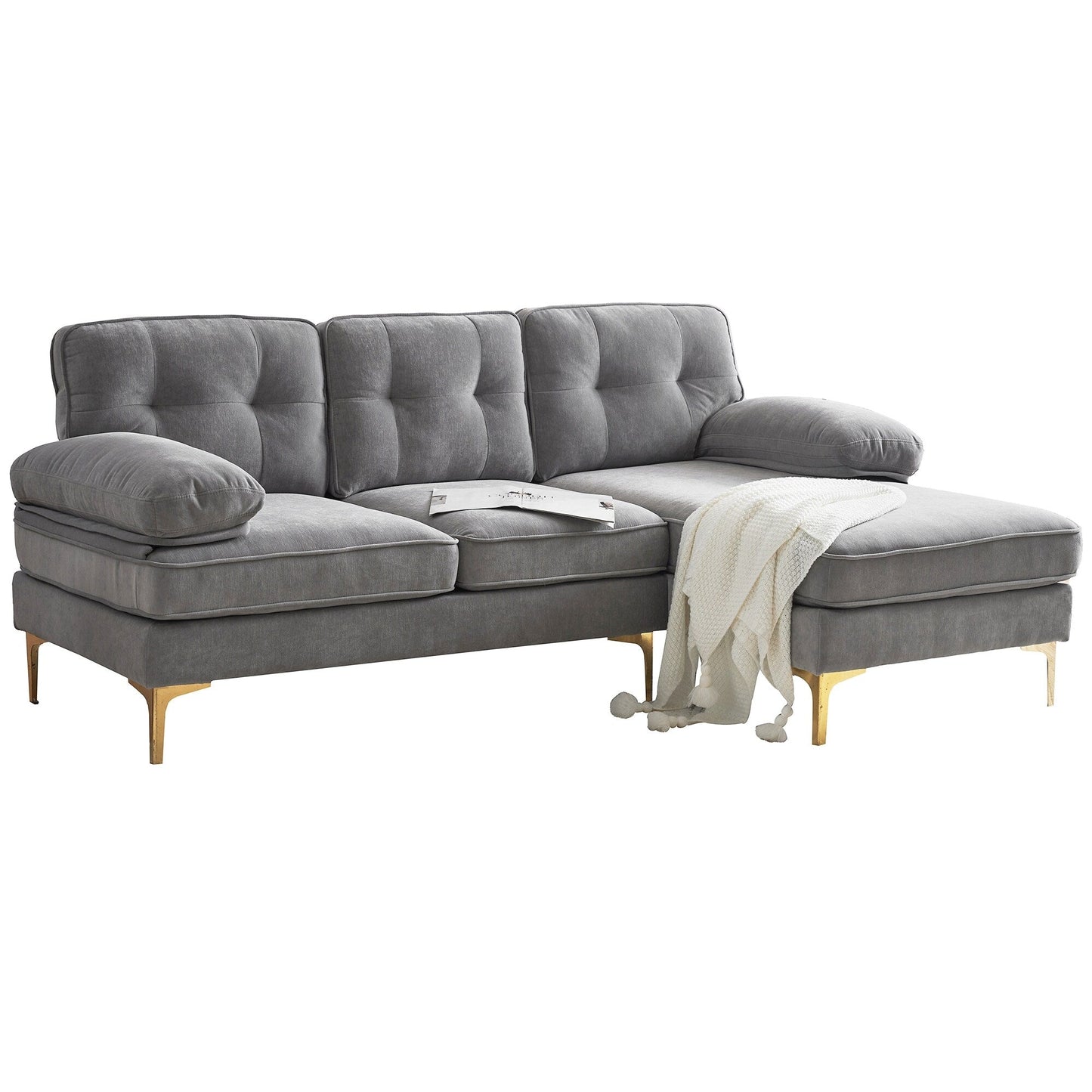 Modern Velvet L-Shaped Sectional Sofa with Metal Legs and Wide Backrest for Living Room Bedroom