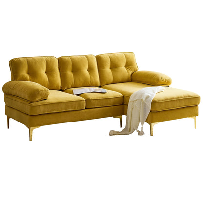 Modern Velvet L-Shaped Sectional Sofa with Metal Legs and Wide Backrest for Living Room Bedroom