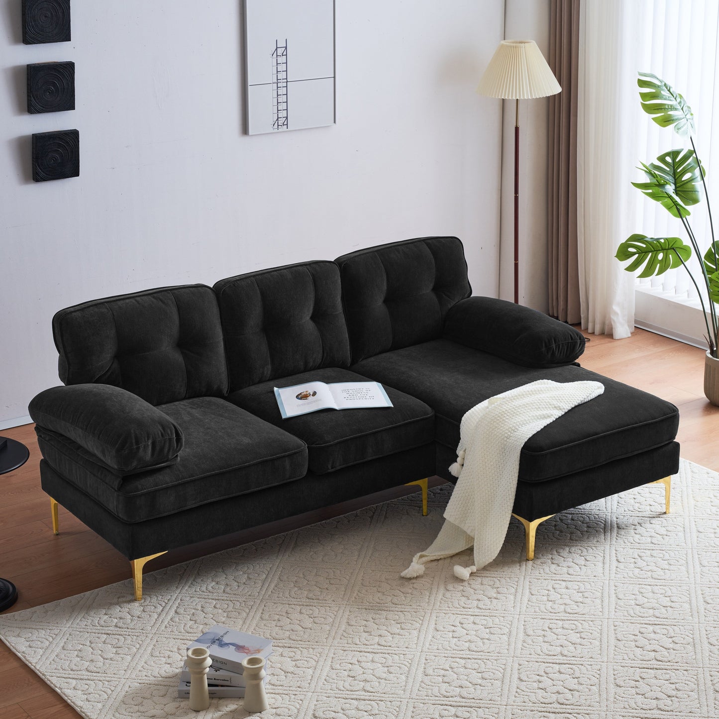 Modern Velvet L-Shaped Sectional Sofa with Metal Legs and Wide Backrest for Living Room Bedroom