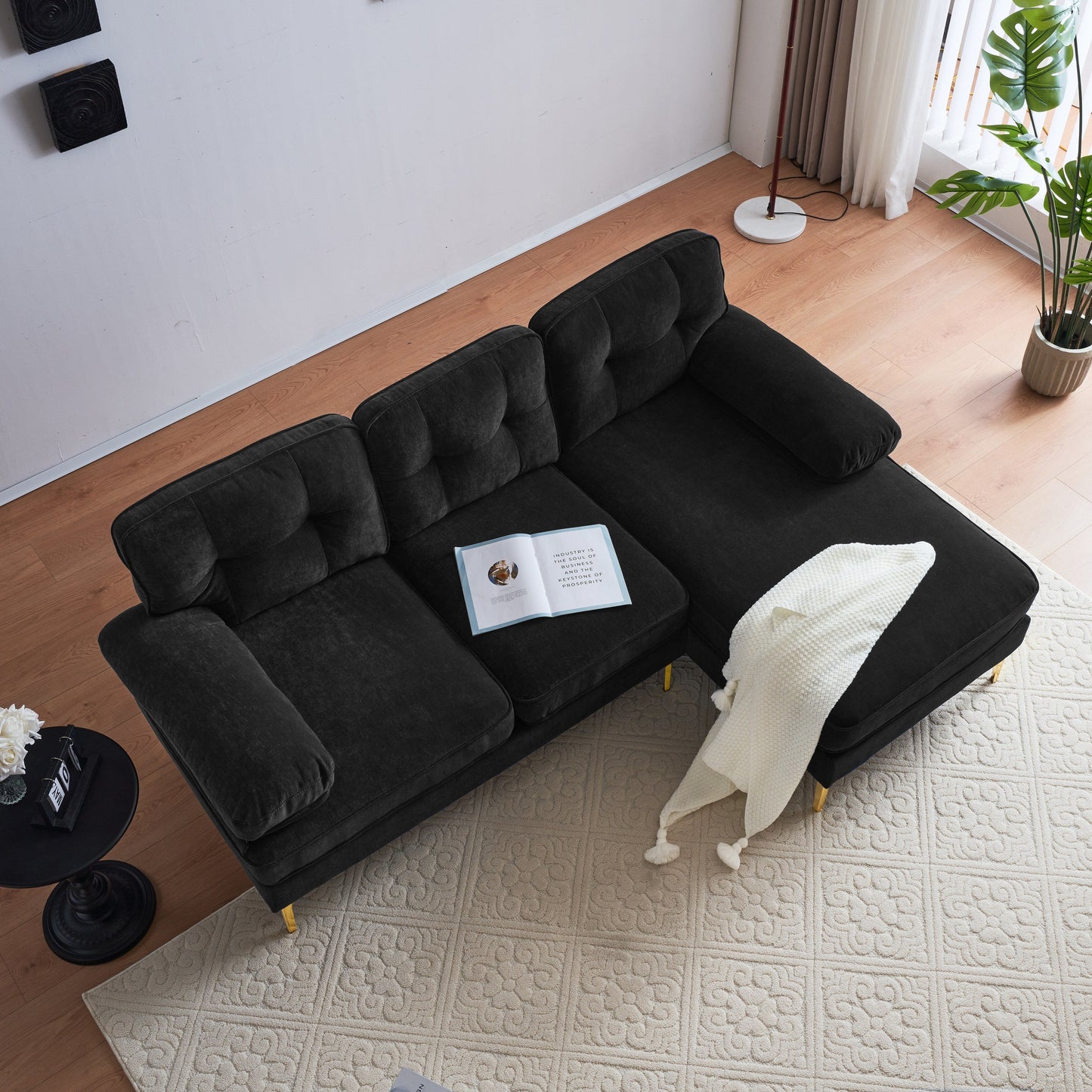 Modern Velvet L-Shaped Sectional Sofa with Metal Legs and Wide Backrest for Living Room Bedroom