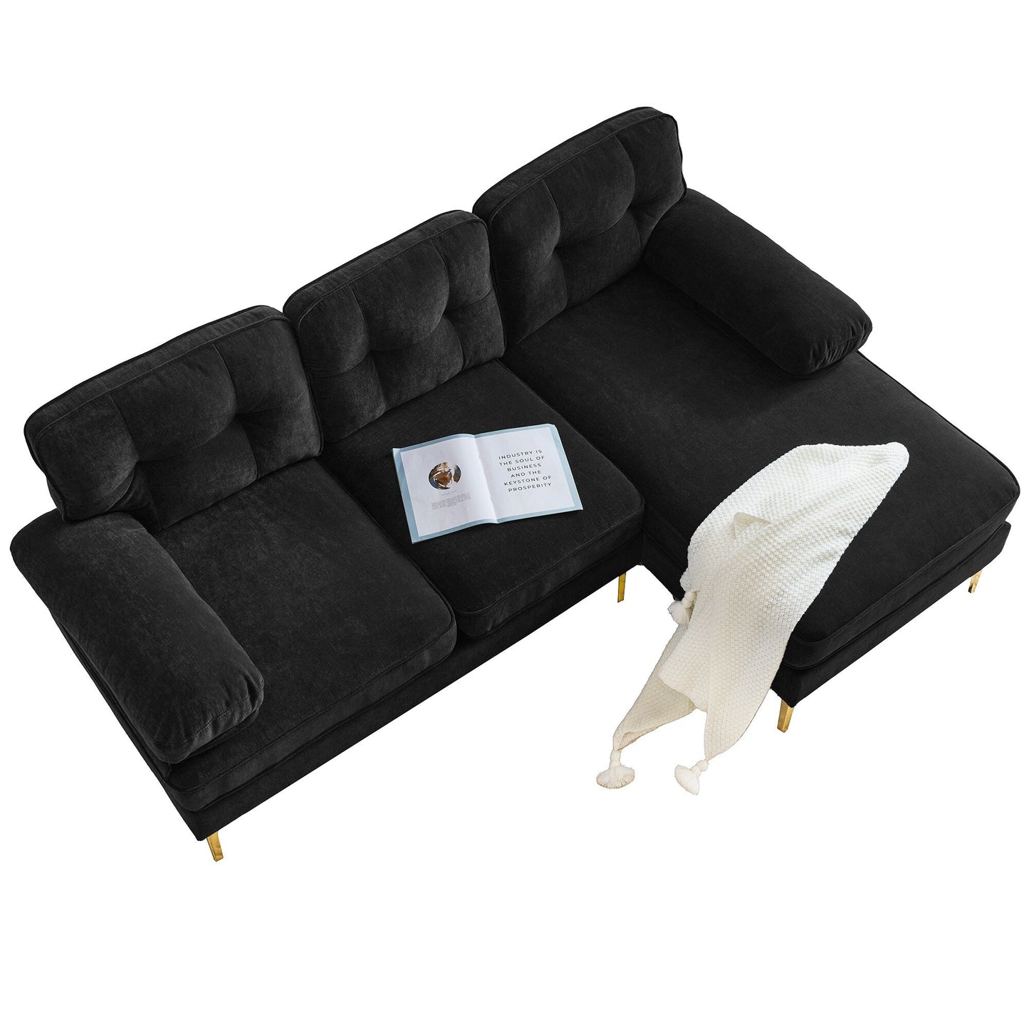 Modern Velvet L-Shaped Sectional Sofa with Metal Legs and Wide Backrest for Living Room Bedroom