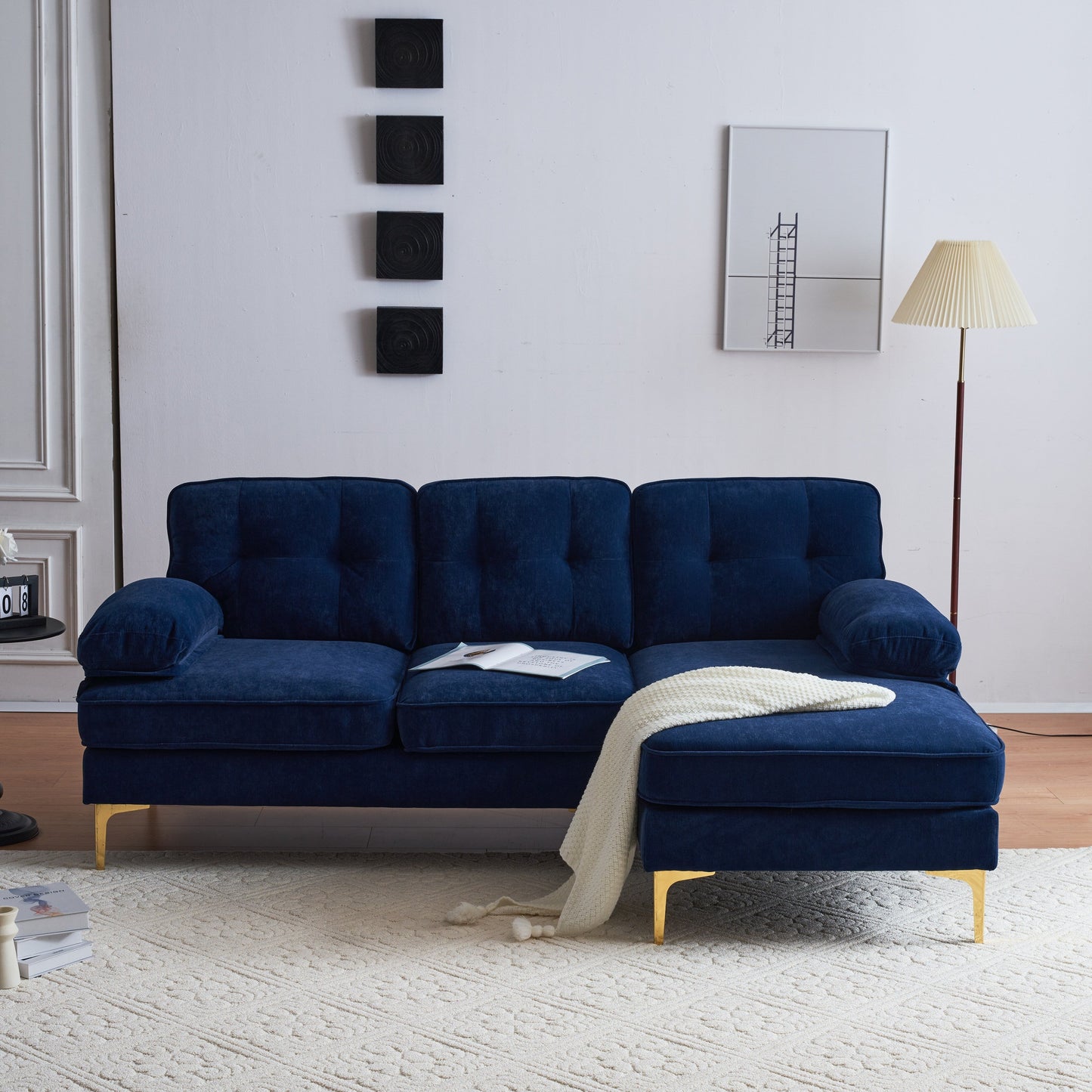 Modern Velvet L-Shaped Sectional Sofa with Metal Legs and Wide Backrest for Living Room Bedroom